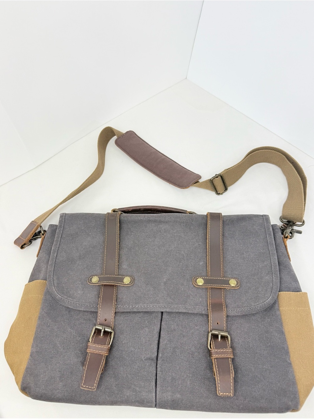 Newhey Gray Brown Thick Waxed Canvas Laptop Commuter Academic Satchel Bag - Picture 8 of 16